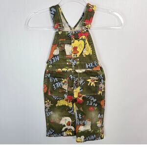 Vintage Hee Haw Kids Overalls Olive Green Farm Print Donkey Chicken Cartoon